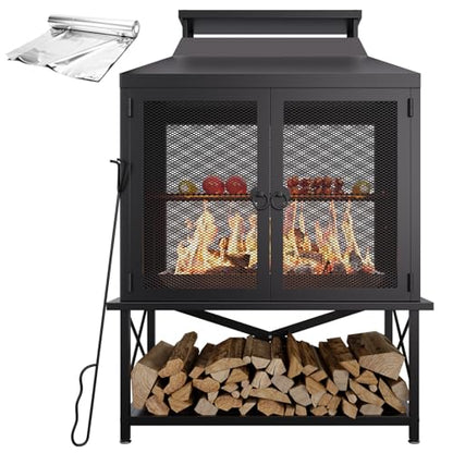 2-in-1 Metal Chiminea Fireplace with Grill,Wood Burning Outdoor Fireplace with Wood Storage, Chimney,Metal Mesh Spark Screen,and Fire Tongs Ideal for Yards,Patios, Gardens,Camping,and Picnics