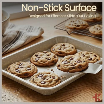 Bakken 4-Piece Bakeware Sets, Nonstick Carbon Steel Baking Sheet, Stackable Space-Saving Bakeware, Dishwasher Safe, Stain-resistant, PFOA, PFOS, & PTFE Free, Oven Safe Up To 450°F, White Marble