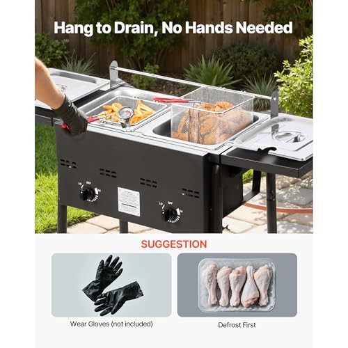 VEVOR Outdoor Propane Deep Fryer, Double Burners Commercial Fryer, 16 Qt Stainless Steel Cooker with Removable Baskets & Lids & Tanks, Oil Fryer Cart with Thermometer & Regulator, For Outdoor Cooking