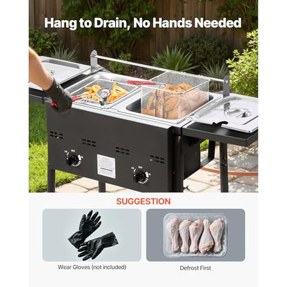 VEVOR Outdoor Propane Deep Fryer, Double Burners Commercial Fryer, 16 Qt Stainless Steel Cooker with Removable Baskets & Lids & Tanks, Oil Fryer Cart with Thermometer & Regulator, For Outdoor Cooking