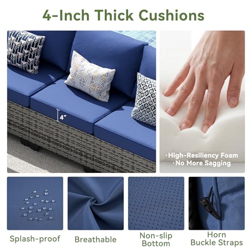 LazySunsets 9 PCS Patio Furniture Set, Outdoor Sectional All-Weather Wicker Conversation Set with Swivel Rocker Chairs, 4'' Thick Cushions for Backyard Poolside(Navy/Grey)