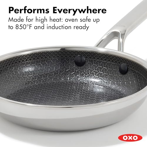 OXO Hybrid 8” Nonstick Stainless Steel Frying Pan, Durable PFAS-Free Ceramic Skillet, Stay-Cool Handle, Induction & All Cooktop Compatible, Dishwasher Safe, Mirror Polished Tri-Ply