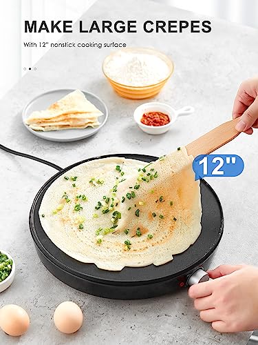 Crepe Maker Machine, Reemix Compact Pancake Griddle Precise Temperature Control, Nonstick 12” Electric Griddle, Batter Spreader for Eggs, Pancakes, Omelets and Quesadillas (Black)