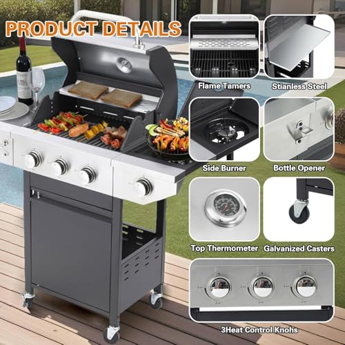 Endark 3-burner propane grill, 37,000 BTU with side-fire function. Stainless steel, enameled cast iron grate, thermometer, wheels. Perfect for patio and garden cooking