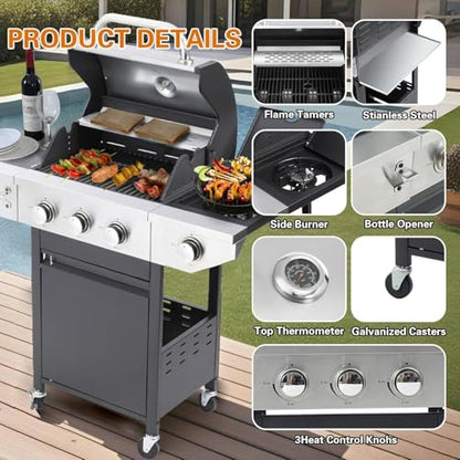 Endark 3-burner propane grill, 37,000 BTU with side-fire function. Stainless steel, enameled cast iron grate, thermometer, wheels. Perfect for patio and garden cooking
