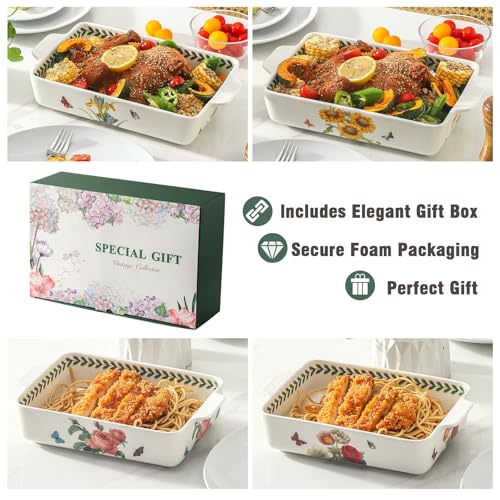 Howise Ceramic Sunflower Baking Casserole Dish with Handles,Large 2 pieces 8x13 inch & 6x10 inch Lasagna Baking Dish and Middle Flower Andplant Baking Pan,Porcelain Serving Bakeware Set