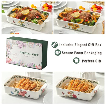 Howise Ceramic Sunflower Baking Casserole Dish with Handles,Large 2 pieces 8x13 inch & 6x10 inch Lasagna Baking Dish and Middle Flower Andplant Baking Pan,Porcelain Serving Bakeware Set