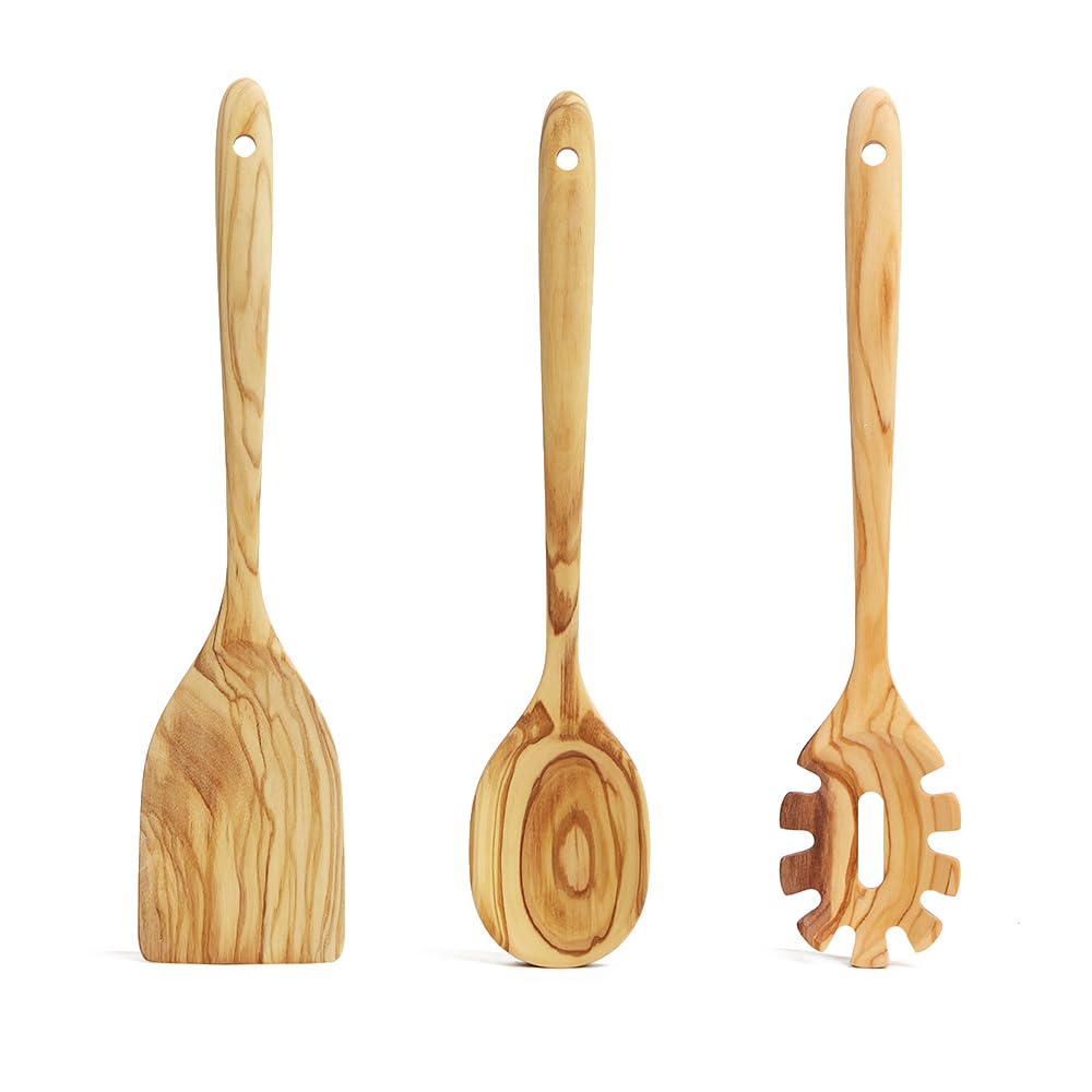 Olive Wood Cooking Utensils, 12 Inch Long Handle Wood Spoons, 3 PCES Crafting Wooden Spoon Set - Includes Turner, Spoon, Pasta Server, Essential Wooden Utensil Set