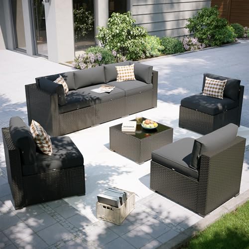 Aoxun Patio Furniture Set, 7 Piece Outdoor Sectional Sofas with Think Cushions, Wicker Rattan Outdoor Furniture Patio Conversation Set for Backyard, Garden Dark Grey