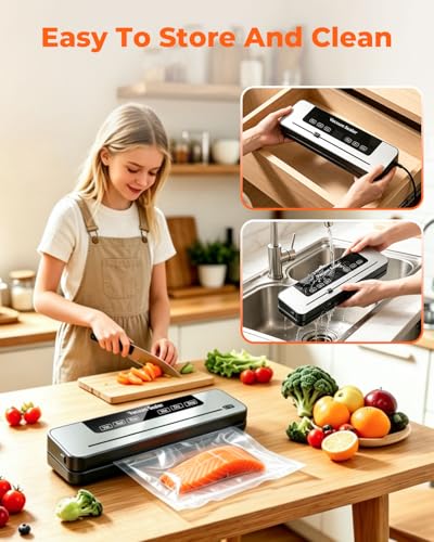Vacuum Sealer Machine, 75KPa Strong Suction Dry Moist Mode Automatic Food Sealer with Digital Timer, Built-in Cutter, Compact Food Saver Machine White, Comes with 50 Vacuum Bags
