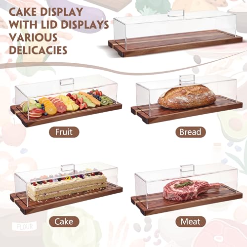 Mifoci 2 Pack Acacia Wood Cake Stand Serving Tray with Acrylic Lid, 15 x 6 x 4 Inches Charcuterie Table Display Set, Dessert Serving Tray Set for Bakery, Buffet, Home Party & Restaurant