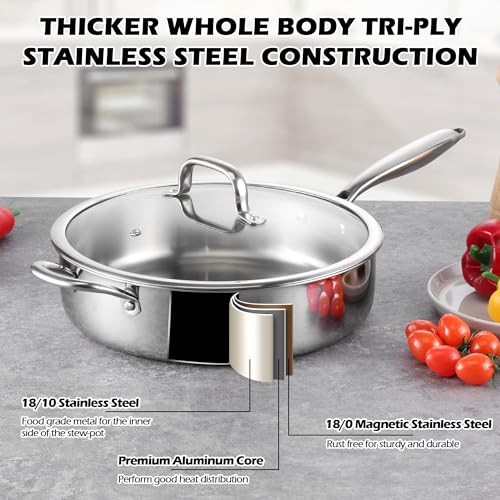 E-far 12 Inch Deep Frying Pan with Lid, 6 Quart Tri-Ply Stainless Steel Saute Pan, Kitchen Skillet, Healthy Non-toxic Cooking Pan for Induction Ceramic Gas Stoves, Heavy Duty, Oven & Dishwasher Safe