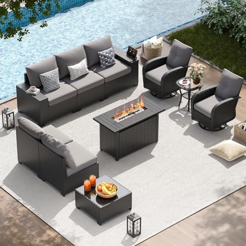 LazySunsets 10 PCS Patio Furniture Set with 44'' Fire Pit Table, Outdoor Sectional All-Weather Wicker Conversation Set with Swivel Rocker Chairs, 4'' Thick Cushions for Backyard Poolside(Crey/Black)