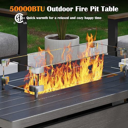 Sundale Outdoor 51 Inch Outdoor Fire Pit Table, 50,000BTU Rectangle Propane Fire Pit with Sliding Tank Holder, Glass Wind Guard, Removable Lid, CSA Certified, Gray