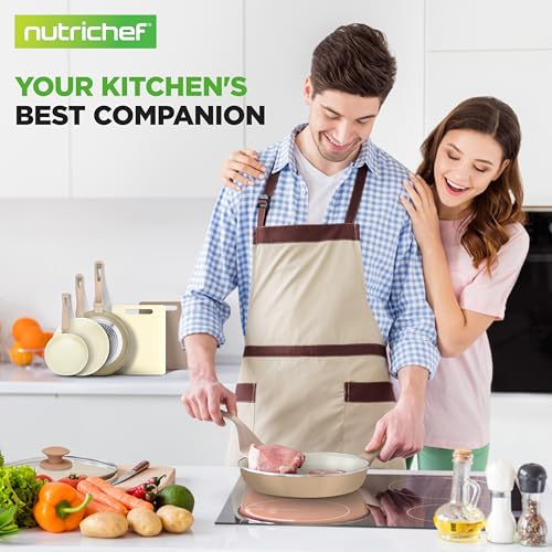 NutriChef 75-Piece Non-Stick Pots and Pans Set, Complete Ceramic Cookware Set with Bakeware, Utensils, Knife Set, & Accessories, Stain-Resistant, Food-Grade Safe, Cream/Brown