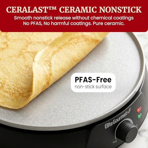 Elite Gourmet 12" Ceralast™ PFAS-Free Ceramic Nonstick Crepe Maker & Griddle, Adjustable Temperature Control, Dual Indicator Lights, Batter Spreader Included, For Crepes, Pancakes & Quesadillas, Black