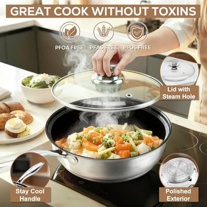 Colourcoco Stainless Steel Cookware Set - 15 Pieces Pots and Pans Nonstick Pot and Pan Set Includes 1 Frying Pans, 5 Pots, 6 Lids and 3 Utensils, with Stay Cooling Handle, Induction & Oven Safe
