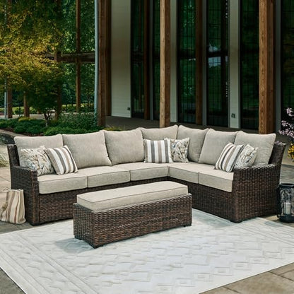 Signature Design by Ashley Brook Ranch Outdoor Sectional, All‑Weather Resin Wicker Patio Furniture With High‑Performance Cushions, Durable Aluminum Frame, Neutral