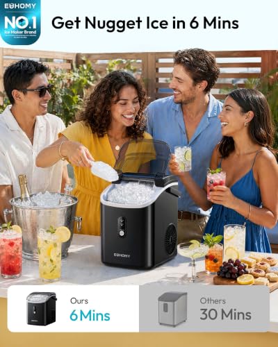 EUHOMY Nugget Ice Maker Countertop with Handle, Ready in 6 Mins, 34lbs Per Day, Removable Top Cover, Auto-Cleaning, Portable Sonic Ice Maker with Basket and Scoop, for Home/Party/RV/Camping (Black)