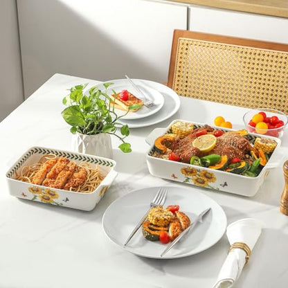 Howise Ceramic Sunflower Baking Casserole Dish with Handles,Large 2 pieces 8x13 inch & 6x10 inch Lasagna Baking Dish and Middle Flower Andplant Baking Pan,Porcelain Serving Bakeware Set