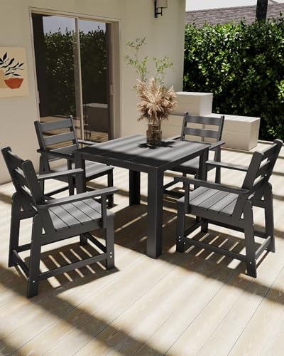 GREENVINES 5-Piece-Outdoor-Dining-Set | HDPE | Square | Patio Furniture | Table and Chairs Sets for 4 | All Weather | Removable Armrests | Umbrella Hole | for Backyard Poolside Garden | Grey