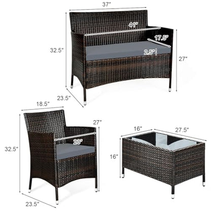 COSTWAY 8PCS Rattan Patio Furniture Set, Outdoor Wicker Rattan Chairs with Coffee Table, Rattan Cushioned Conversation Set for Backyard Balcony Porch Poolside, Grey