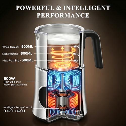 Milk Frother and Steamer, Electric Frother with Detachable Stainless Steel Jug, Hot & Cold Foam Maker for Latte, Cappuccino, Coffee, 4-in-1 Automatic Milk Warmer, 17oz Heat