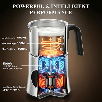 Milk Frother and Steamer, Electric Frother with Detachable Stainless Steel Jug, Hot & Cold Foam Maker for Latte, Cappuccino, Coffee, 4-in-1 Automatic Milk Warmer, 17oz Heat