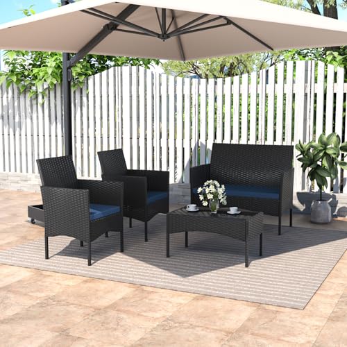 ASJMR 4 Piece Patio Rattan Conversation Set, Outdoor Rattan Chair Wicker Furniture Set, Couple Seats and Tempered Glass Table,Comfort Seat for Patio, Pool or Backyard, Navy