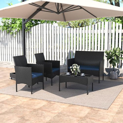 ASJMR 4 Piece Patio Rattan Conversation Set, Outdoor Rattan Chair Wicker Furniture Set, Couple Seats and Tempered Glass Table,Comfort Seat for Patio, Pool or Backyard, Navy