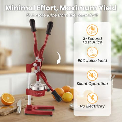 Zeluna Cast Iron Manual Hand Press Juicer for Citrus & Pomegranate,Deep Red