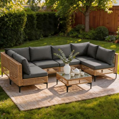 WiNVO 7 Piece Outdoor Patio Furniture Set with Coffee Table - Grey