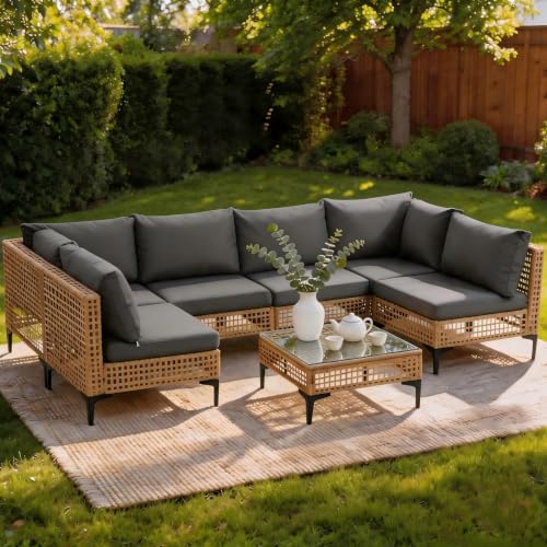 WiNVO 7 Piece Outdoor Patio Furniture Set with Coffee Table - Grey