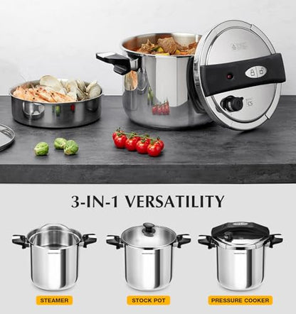 KOCH SYSTEME CS Stainless Steel Pressure Cooker 8.5 Quart, 3-in-1 Olla de Presion, One-Hand Locking, 3 PSI Settings Stovetop Pressure Cookers, induction Pressure Cooker, Glass Lid & Steamer, 8.5QT