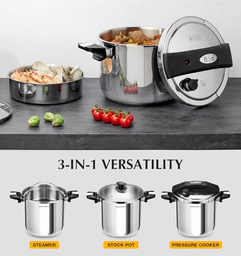KOCH SYSTEME CS Stainless Steel Pressure Cooker 10.5 Quart, 3-in-1 Olla de Presion, One-Hand Locking, 3 PSI Settings Stovetop Pressure Pot, Induction Pressure Cooker, Glass Lid & Steamer, 10.5QT