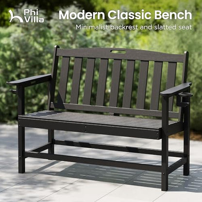PHI Villa 50 Inches HDPE Outdoor Bench Weatherproof Garden Bench with 700 lbs Capacity, 2-Person Patio Benches for Outside, Park, Yard and Porch, Black
