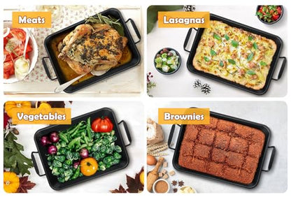 TeamFar Roasting Pan, 14” Nonstick Deep Lasagna Brownie Turkey Pan with V-Shaped Rack & Cooling Rack, with Stainless Steel Core & Nonstick Coating, Healthy & Heavy Duty, Easy to Clean, Set of 3