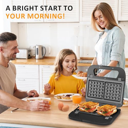 3 in 1 Electric Sandwich Maker with Removable Nonstick Plates - 750W, Black for Belgian Waffle/Panini/Grill/Pancake Griddle/Breakfast, Dishwasher Safe, Cool Touch Handle, Easy to Clean & Store