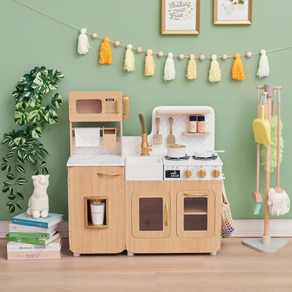 Teamson Kids Little Chef Cyprus Medium Wooden Play Kitchen with Interactive, Realistic Features, and 14 Kitchen Accessories for 3yrs and up, Light Oak/Faux White Marble/Gold