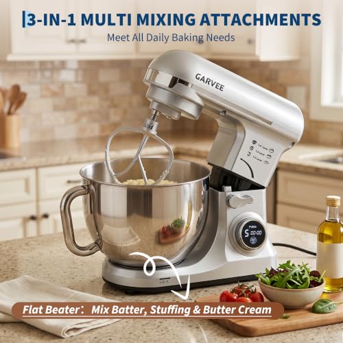 Garvee 5.3 QT Tilt-Head Stand Mixer, 500W Motor, 8-Speed Electric Kitchen Mixer with Stainless Steel Bowl, Dough Hook, Flat Beater & Wire Whisk for Bread Dough, Cake, Cookies & Pizza, Silver