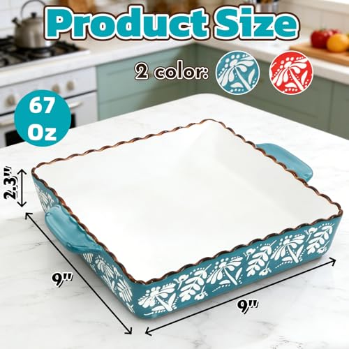 Acshio 2 Pack Ceramic Baking Dish, 9 x 9 inch Porcelain Square Bakeware with Double Handle, Lasagna Pan Bakeware Baking Cookware for Cooking, Cakes, Roasting Family Dinner