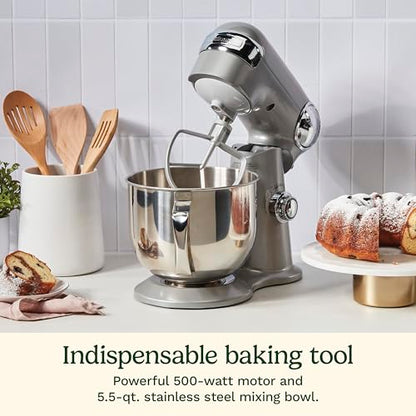 Cuisinart Stand Mixer, 12 Speeds, 5.5-Quart Mixing Bowl, Chef's Whisk, Flat Mixing Paddle, Dough Hook, and Splash Guard with Pour Spout, Silver Lining, SM-50BCNAS, Silver Lining
