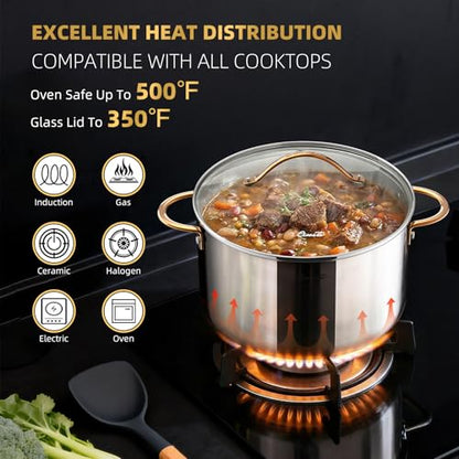 Ciwete 8 Quart Stock Pot with Lid, Upgraded Tri-Ply Stainless Steel Pot, Seamless Soup Pot with Stay-Cool Brass Handle, Healthy Polished Stockpots, Induction Cookware, Oven and Dishwasher Safe