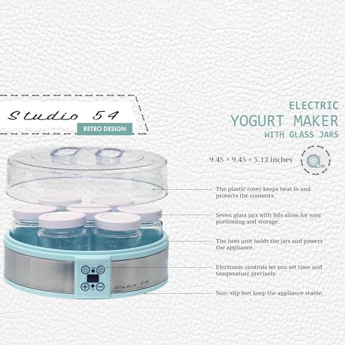 Studio 54 Yogurt Maker Machine with 7 Reusable Glass Jars (6oz Each), Probiotic Greek Yogurt Maker with Precise Time & Temperature Controls, Retro Blue Digital Yogurt Maker