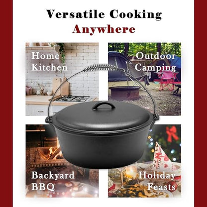 Cuisiland 12 Quart Cast Iron Dutch Oven with Dome Lid & Bail Handle – Pre-Seasoned Large Campfire Pot for Outdoor Cooking, Roasting, Baking & Stews – Heavy-Duty Cookware with Even Heat Distribution