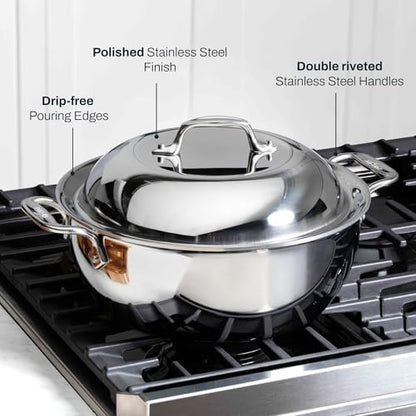 All-Clad D3 3-Ply Stainless Steel Dutch Oven 5.5 Quart Induction Oven Broiler Safe 600F Pots and Pans, Cookware Silver