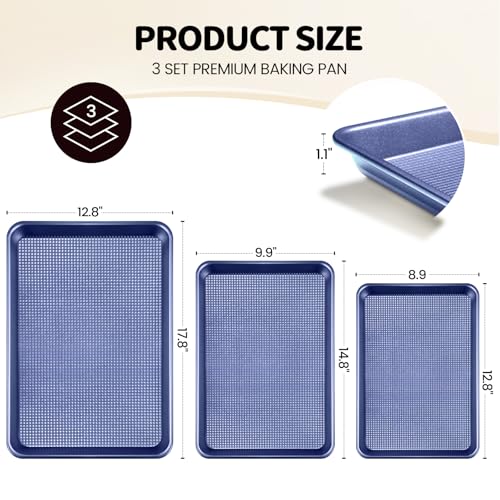 Vinino Baking Sheet Set of 3, Cookie Sheets For Baking with Square Texture Pattern, Thicker Carbon Steel Non-stick Baking Pan Half/Quarter/Jelly Roll Pans Tray for Oven-Blue