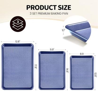 Vinino Baking Sheet Set of 3, Cookie Sheets For Baking with Square Texture Pattern, Thicker Carbon Steel Non-stick Baking Pan Half/Quarter/Jelly Roll Pans Tray for Oven-Blue