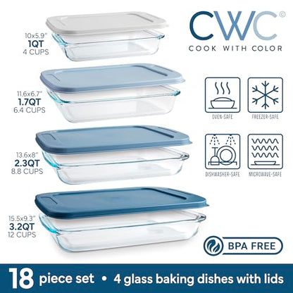 COOK WITH COLOR 8-Piece Deep Glass Baking Dish Set with Plastic Lids – Casserole and Food Storage Containers for Lasagna, Leftovers – Freezer-to-Oven, Microwave & Dishwasher Safe, Blue