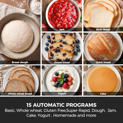 Davivy Bread Maker Machine 3LB with 2 Dough Kneading Paddles,15-in-1 Automatic Large Capacity Bread Machine Nonstick Bowl For Bread, Jam& Yogurt, 3 Loaf Sizes and 3 crust settings（silver，1.5kg）